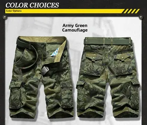 Detailed front and back view of green camouflage cargo shorts with multi-pocket design