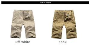 Detail show of men's cotton cargo shorts in beige and khaki with durable stitching