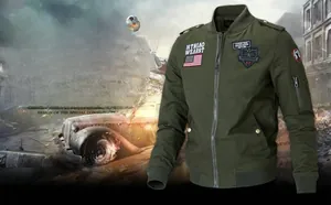 Detail of military style pilot jacket with embroidered flag patch and arm zipper pocket