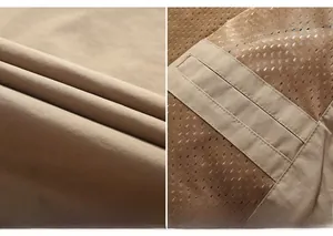 Detail of khaki outdoor jacket showing smooth outer fabric and breathable mesh lining