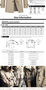 Tableau des tailles et guide de lavage pour veste en coton homme de la taille M à 5XL