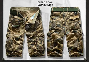 Front and back detail of khaki camouflage cargo shorts including a green canvas belt