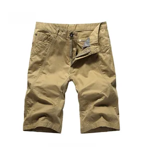 Front view of khaki cotton canvas cargo shorts featuring durable multi-pocket design