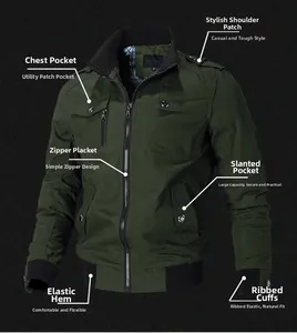 Detailed view of dark green cargo jacket showing military epaulets and zip pockets