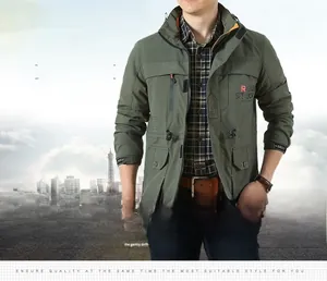 Detail of army green cargo jacket featuring stand collar and decorative chest zipper