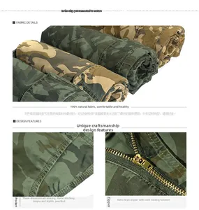 Detail of cargo shorts featuring 100% cotton camo fabric and premium brass zipper