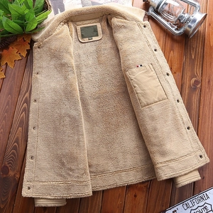 Men's khaki winter jacket with thick faux lamb wool lining and vintage cargo style