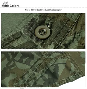 Detail of camouflage cargo shorts featuring resin buttons and reinforced side pockets