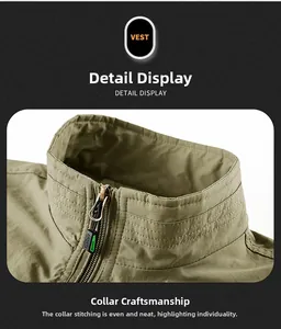 Détail du col du gilet vert armée avec coutures renforcées et fermeture éclair sport