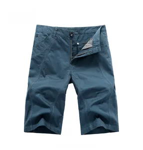 Detailed front view of men's cotton cargo shorts showing pockets and stitching