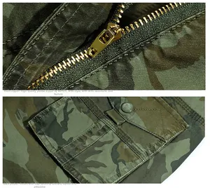 Detail of cargo shorts featuring a brass zipper and reinforced bellows pocket with topstitching