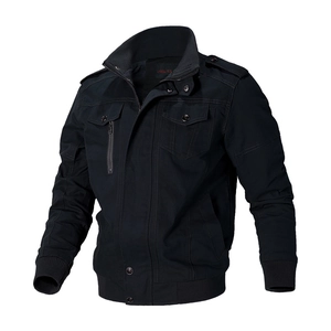 Men's black military canvas jacket with epaulets, stand collar and ribbed cuffs on white back