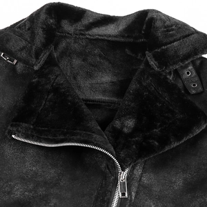 Detail of the winter biker jacket's faux suede collar with thick fleece lining