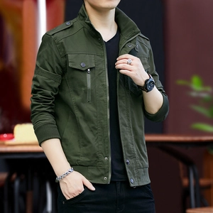 Men's military green cotton work jacket with epaulets and a stand-up collar design