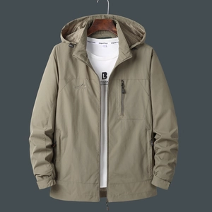 Outdoor men's tactical windbreaker jacket with removable hood in military green color