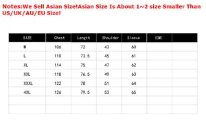 Size chart for men's outdoor jacket with measurements from M to 4XL in Asian sizing
