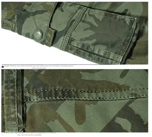 Detail of cargo pocket with resin buttons and durable double stitching on camouflage shorts