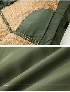 Detail view of military green jacket showing warm brown fleece lining and inner pocket texture