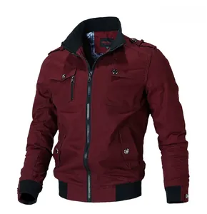 Detail of red men's cotton military jacket featuring ribbed collar and metal zipper