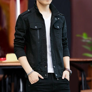 Men's black cotton canvas military work jacket with shoulder epaulets and utility pockets