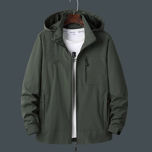 Men's outdoor windbreaker in military green featuring a detachable hood and zip pocket