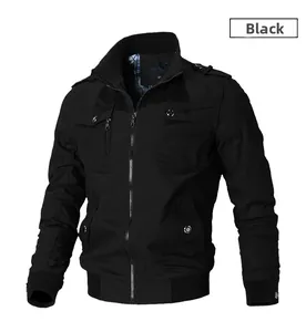 Detailed view of black military utility jacket with cargo pockets and ribbed cuffs