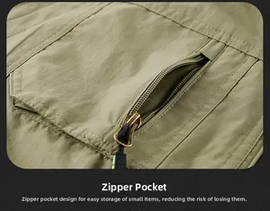 Détail macro de la poche zippée sécurisée sur le gilet cargo d'extérieur vert olive