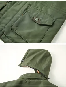 Detail of army green jacket featuring a fleece lining, hood zipper, and pocket buttons