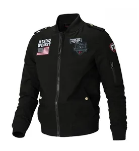 Detailed view of military patches and high-quality embroidery on black pilot jacket