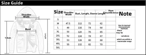 Detailed size guide chart for men's outdoor hooded jacket from S to 5XL with measurements