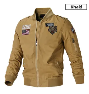 Detail of khaki bomber jacket featuring utility sleeve pocket and ribbed knit trim