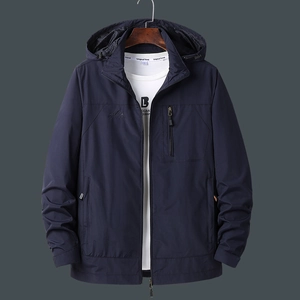Men's outdoor windbreaker jacket in navy blue with a detachable hood and zip pockets
