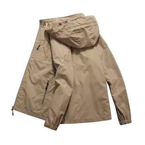Men's khaki tactical outdoor windbreaker with a detachable hood and zip pockets
