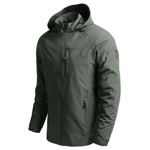 Men's dark green outdoor tactical jacket with drawstring hood and zipped pockets