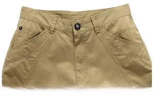Detailed close-up of khaki cotton cargo shorts featuring durable metal button and waist stitching
