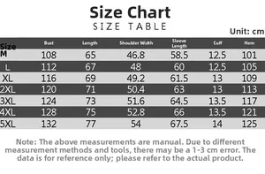 Detailed size chart table for men's winter fleece jacket from size M to 5XL with measurements
