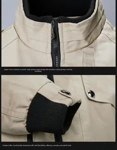 Detail of khaki jacket showing zip-up collar and ribbed cuffs with metal buckles