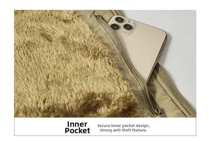 Detail view of winter fleece vest with a secure zipper inner pocket for smartphone storage