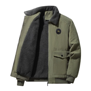 Men's army green corduroy jacket with thick fleece lining and ribbed cuffs on white back