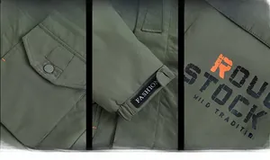 Detail of olive green jacket with cargo pockets, fashion velcro cuffs and printed patterns