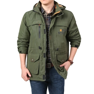 Men's outdoor windbreaker jacket in army green with multi-pockets and hood