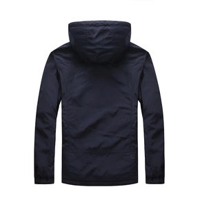 Back view of a dark navy winter hooded jacket featuring windproof fabric and ribbed cuffs