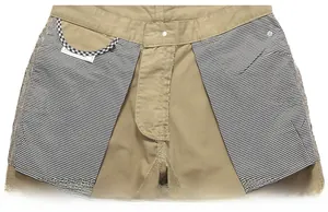 Detail view of khaki cotton shorts showing checkered pocket lining and inner fabric texture