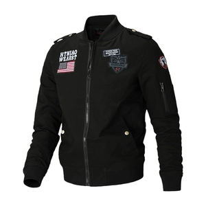 Men's black bomber jacket with military embroidery patches and ribbed cuffs in classic style