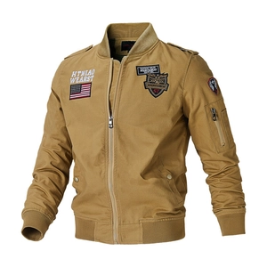 Men's khaki bomber jacket featuring vintage embroidery patches and ribbed cuffs