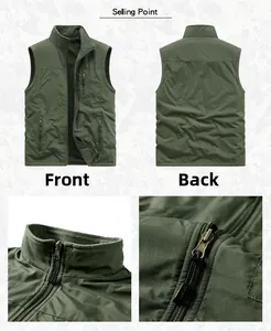 Detail view of army green fleece vest with stand collar and multiple functional zip pockets