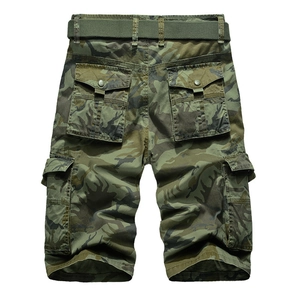 Front view of men's camouflage cargo shorts in cotton fabric with multi-pockets and belt
