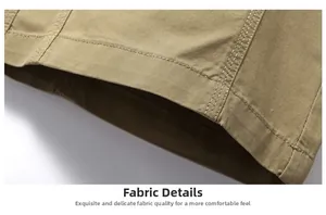 Detail of khaki cotton fabric featuring durable double-needle stitching on casual shorts