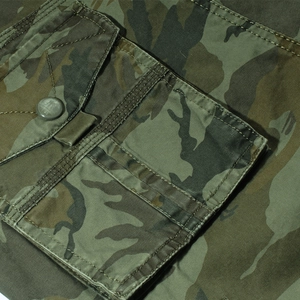 Mens woodland camouflage cargo shorts with heavy duty cotton fabric and reinforced side pockets