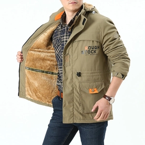 Men's outdoor hooded jacket in army green with warm fleece lining and multi-pocket design